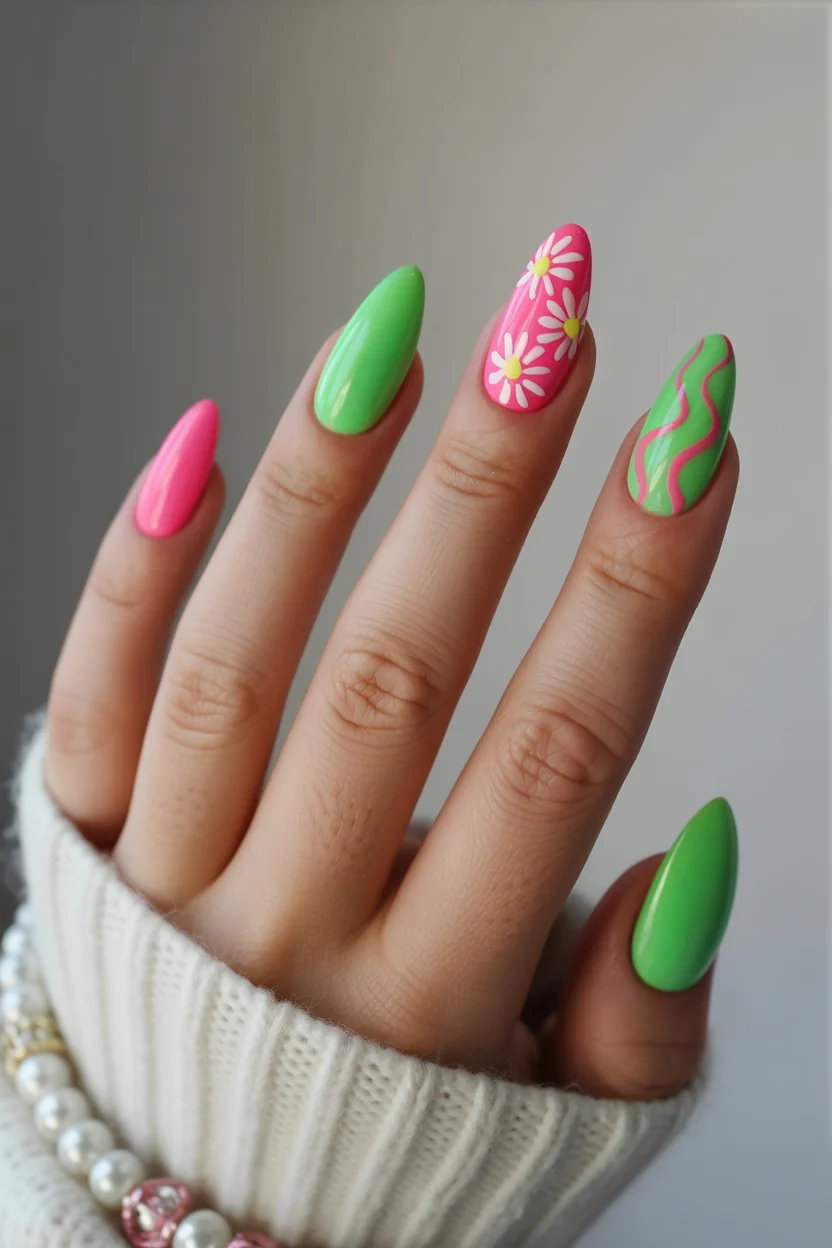 neon summer nails 2026 Pink and Lime Green Nails With Playful Daisy Art
