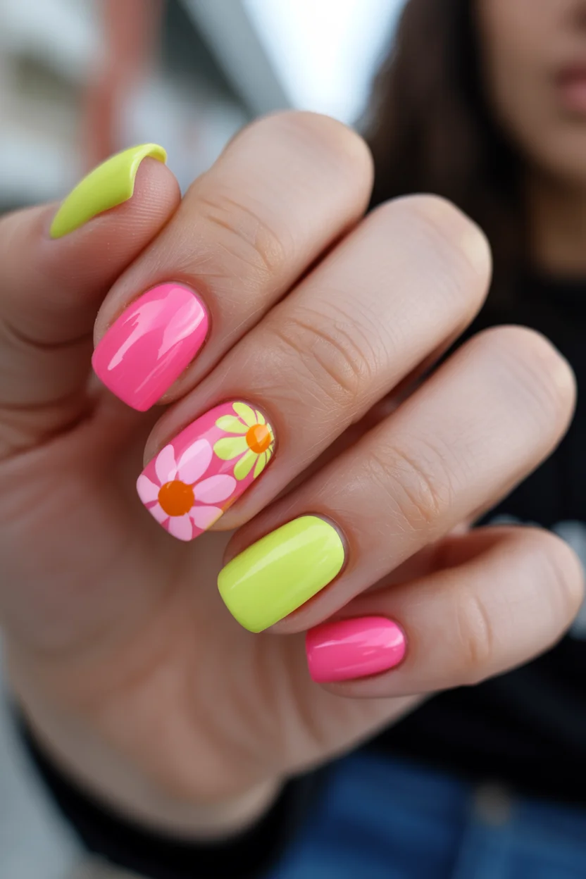 neon summer nails 2026 Retro Floral Neon Nails That Look Like Summer in the Early 2000s
