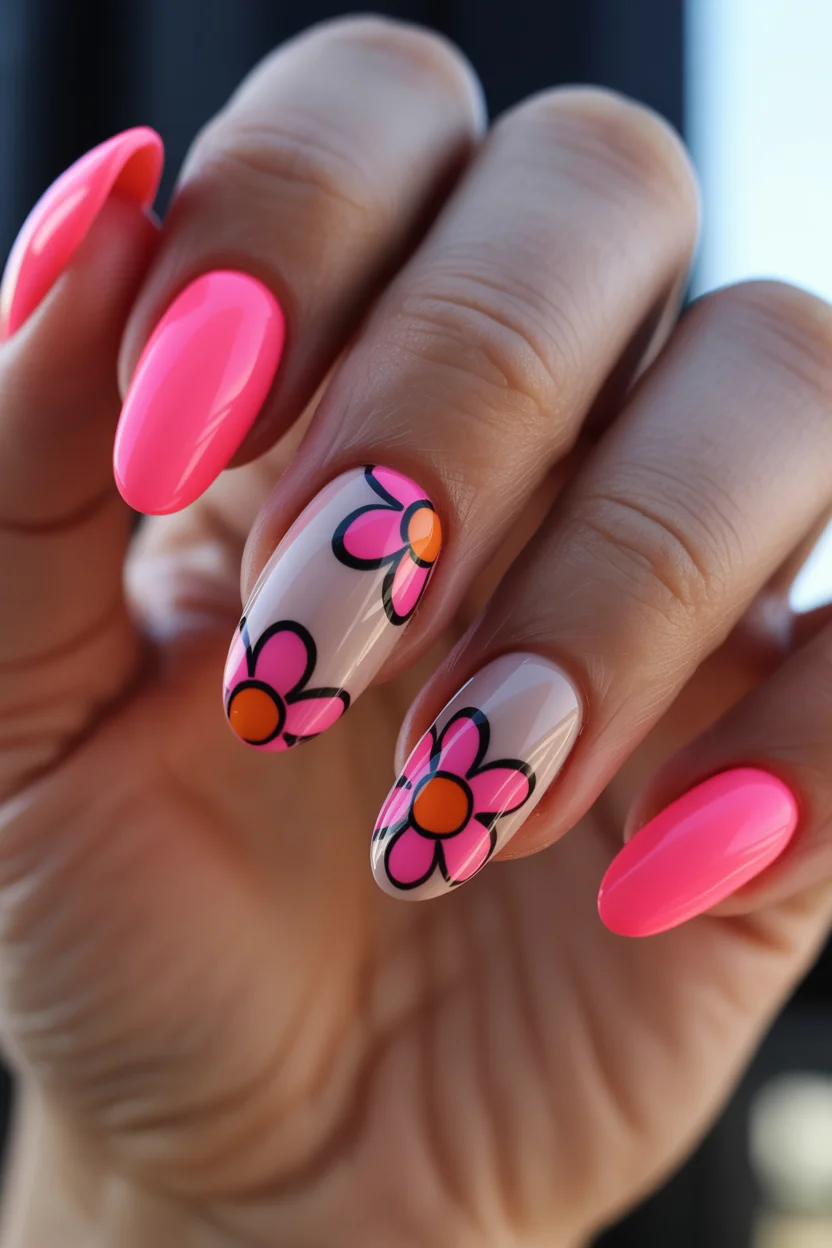neon summer nails 2026 Minimal Floral Accent Nails With Hot Pink Gloss