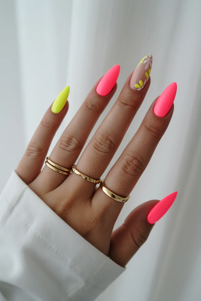 neon summer nails 2026 Matte Neon Pink and Yellow Nails With Delicate Daisy Details