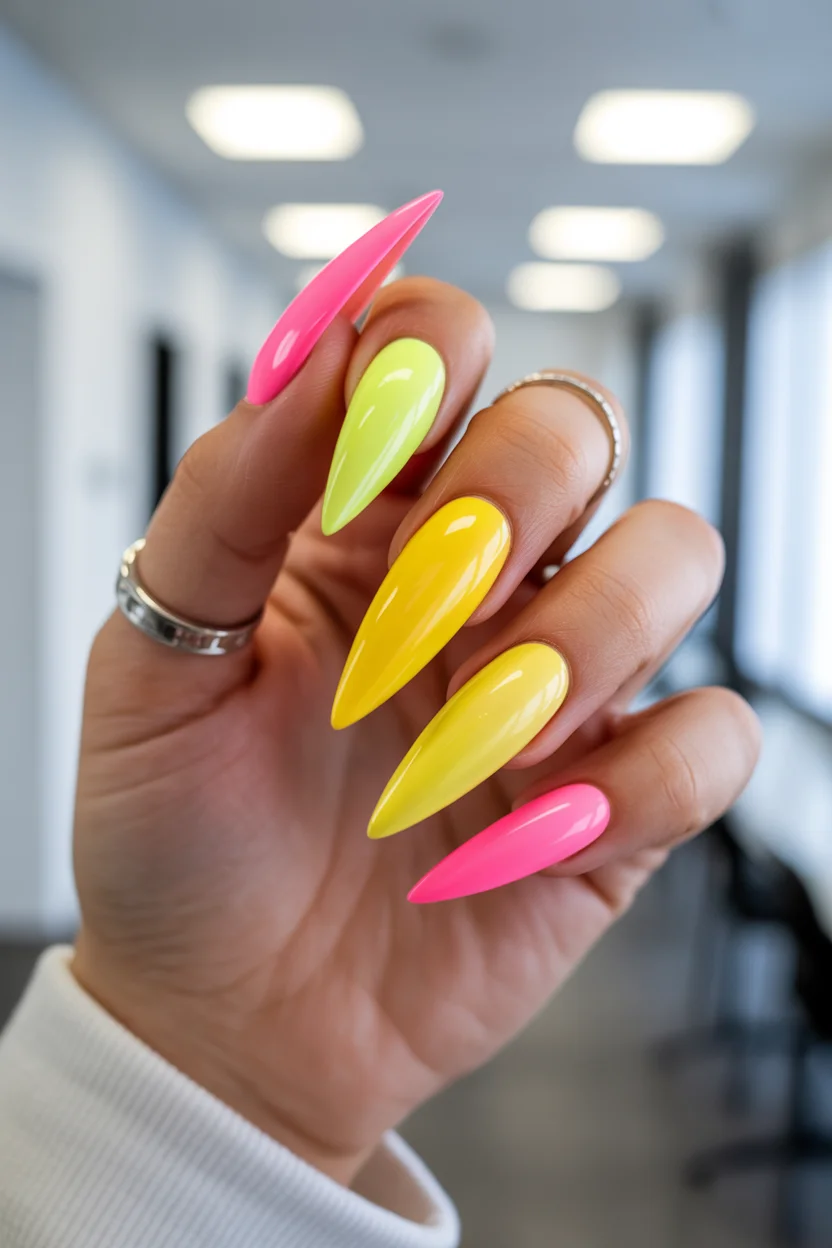 neon summer nails 2026 Glossy Neon Sorbet Nails With Extra-Long Stiletto Shape
