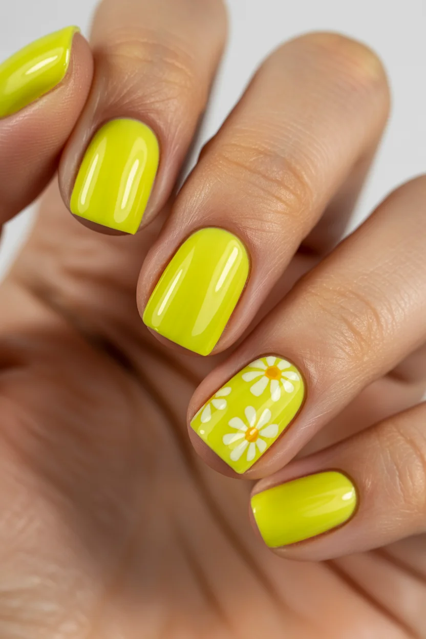 neon summer nails 2026 Lime Neon Daisy Nails That Feel Fresh and Minimal