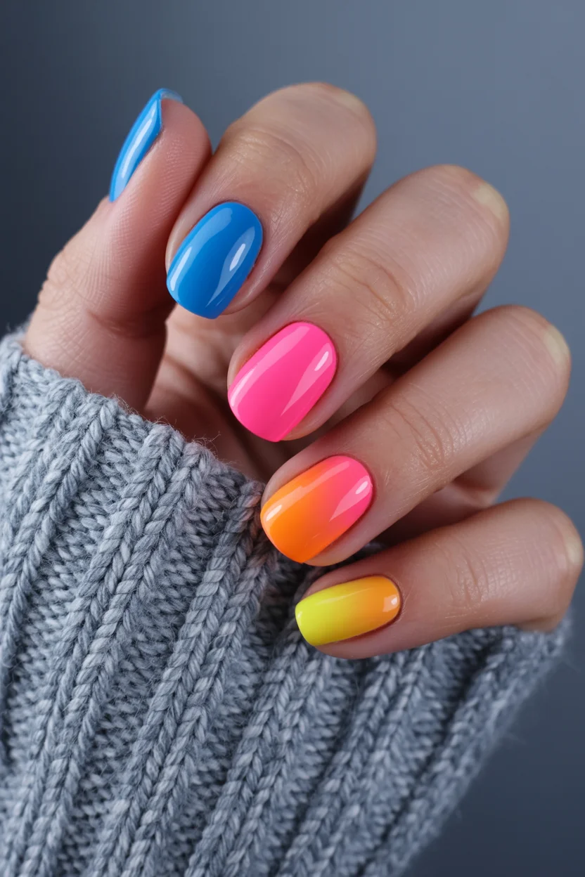 neon summer nails 2026 Rainbow Neon Ombre Nails With a Glossy Gradient Finish