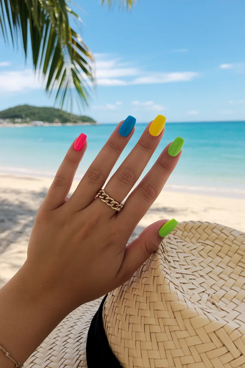 neon summer nails 2026 Tropical Color-Block Nails Made for Beach Vacations