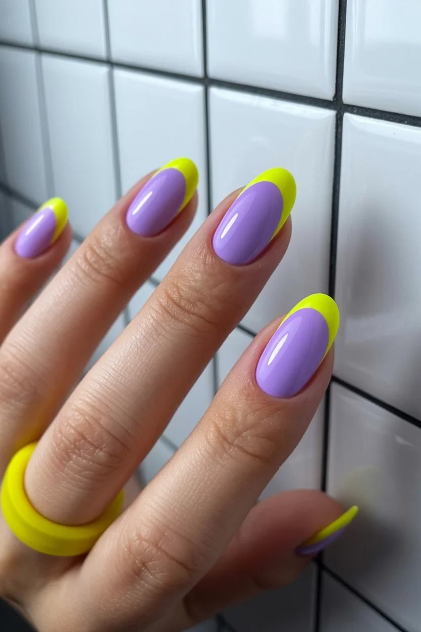 neon summer nails 2026 Soft Lavender and Neon French Tips With a Futuristic Twist