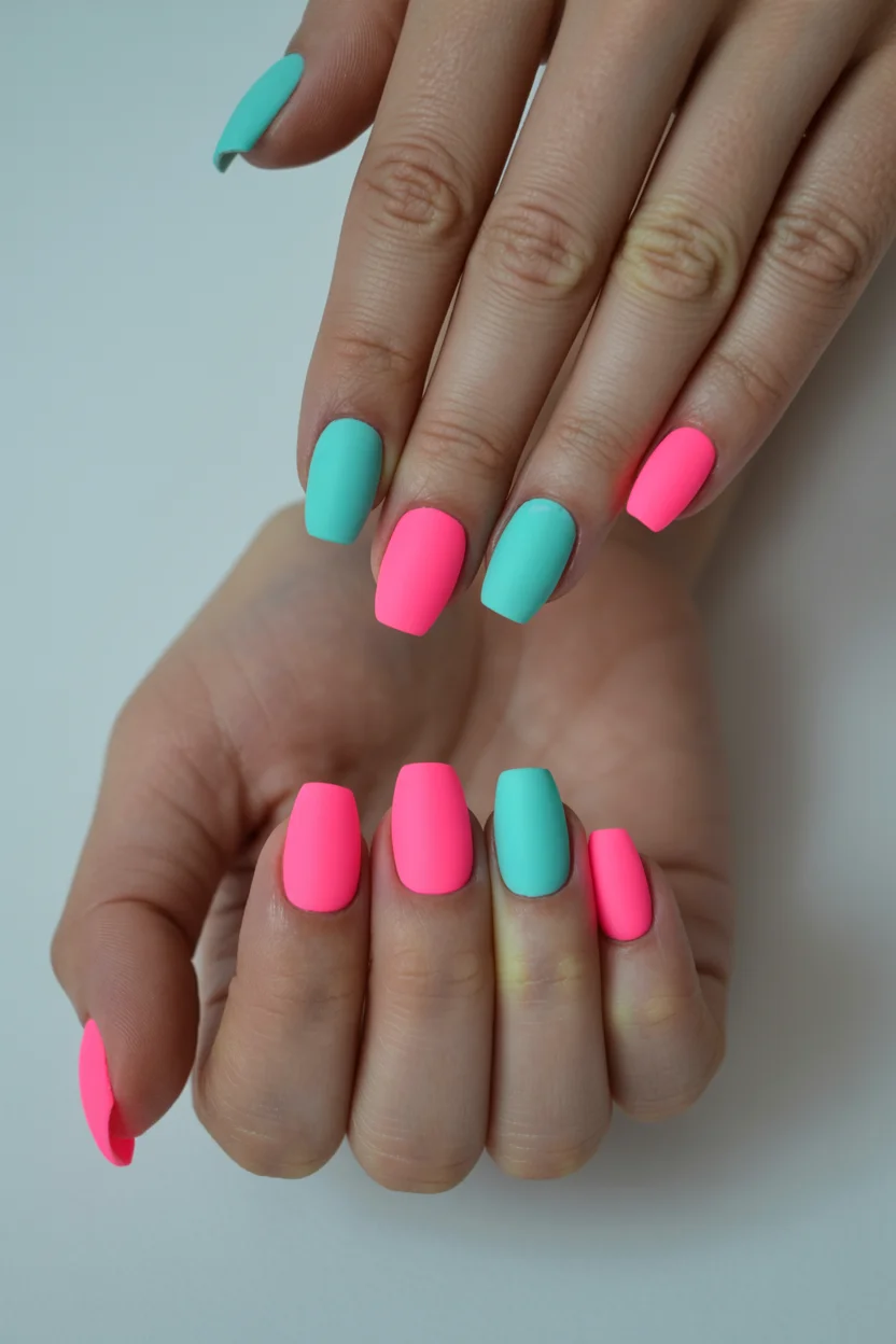 neon summer nails 2026 Pink and Aqua Color Pairing That Looks Straight Out of a Retro Beach Club