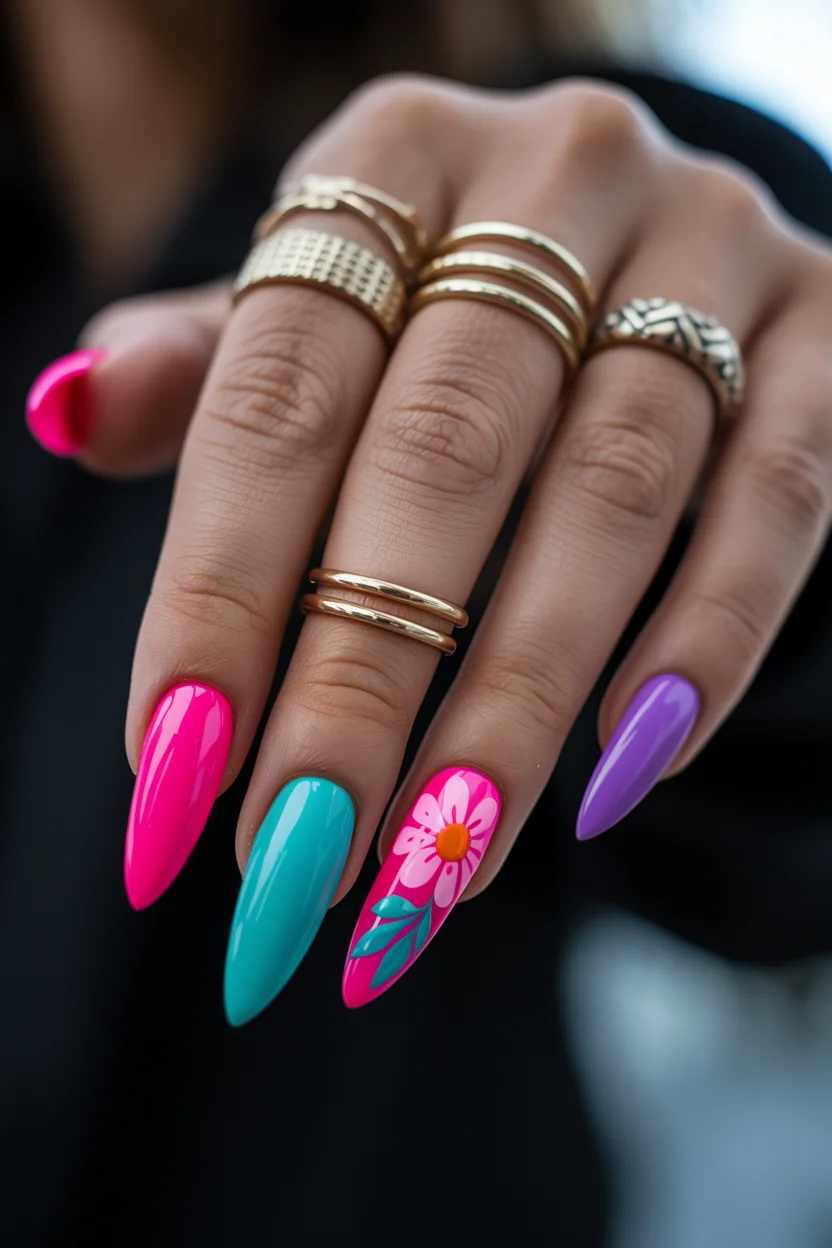 neon summer nails 2026 Floral Neon Accent Nails With a Playful Y2K Energy