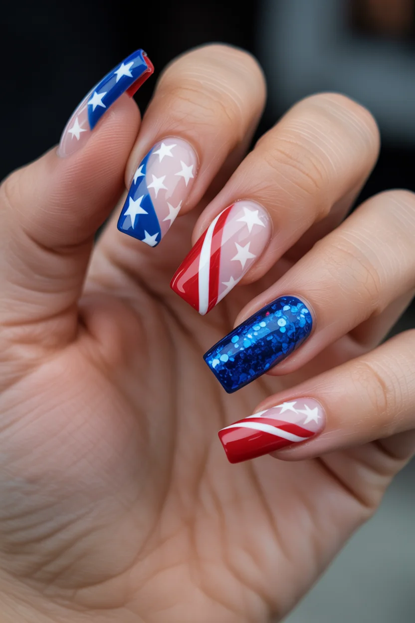 patriotic nails 2026 Glittery Statement Nails With Bold Graphic Star Accents