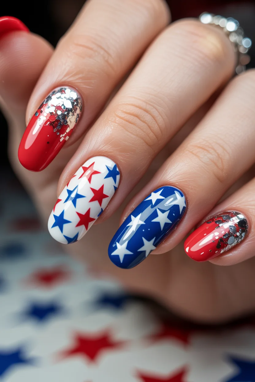 patriotic nails 2026 Bold Star Prints and Metallic Glitter for Firework Season