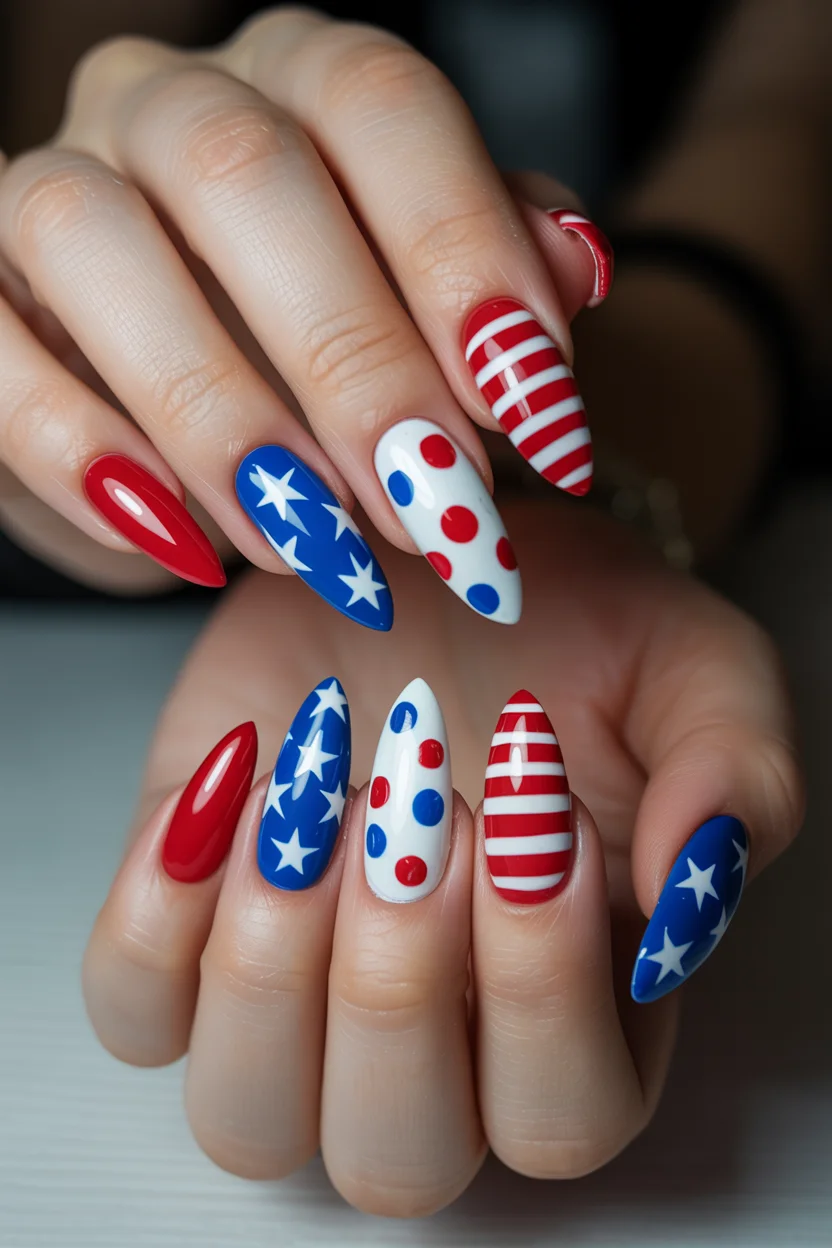 patriotic nails 2026 Mixed Pattern Patriotic Nails With Playful Retro Charm