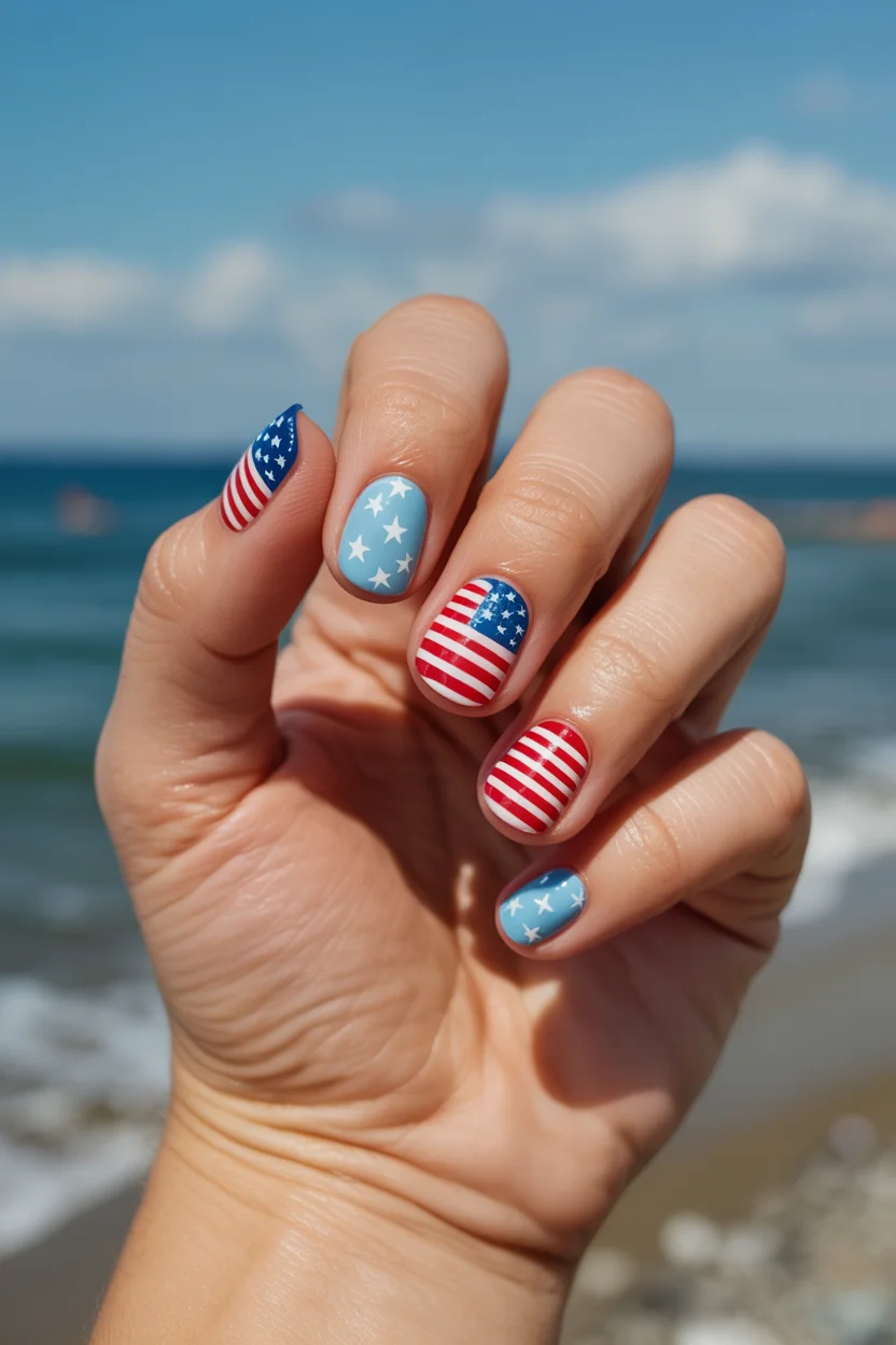 patriotic nails 2026 Soft Beachside Patriotic Nails With Powder Blue Accents
