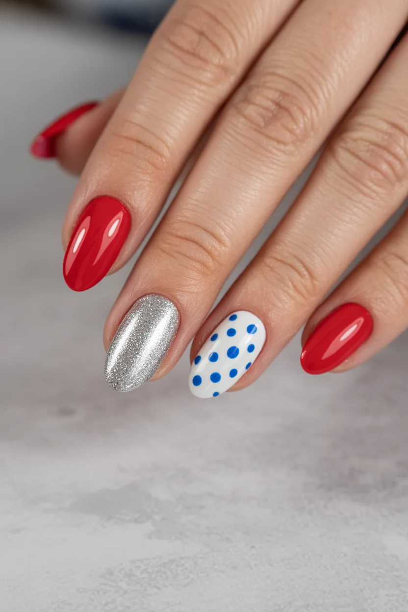 patriotic nails 2026 Silver Glitter and Polka Dots for a Chic Party Ready Finish