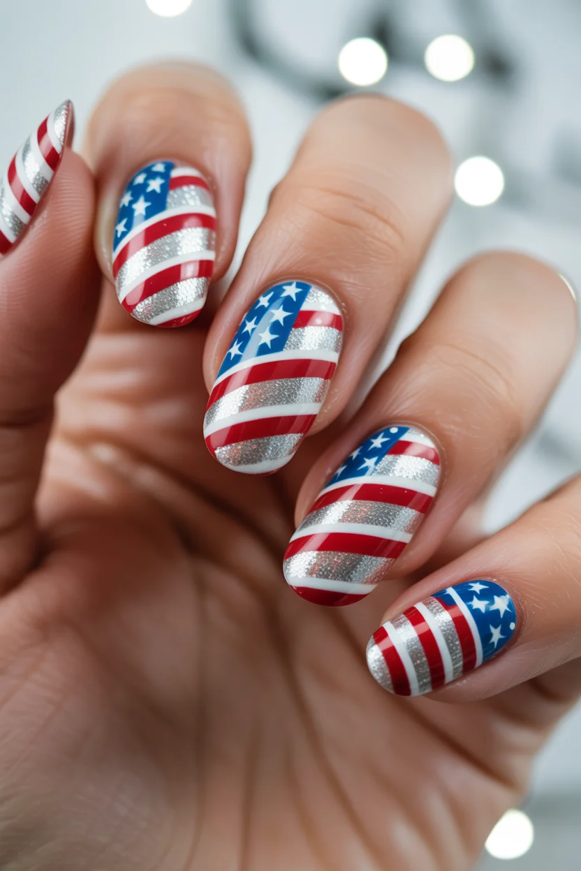 patriotic nails 2026 Glittering Flag Inspired Stripes With Glamorous Shine