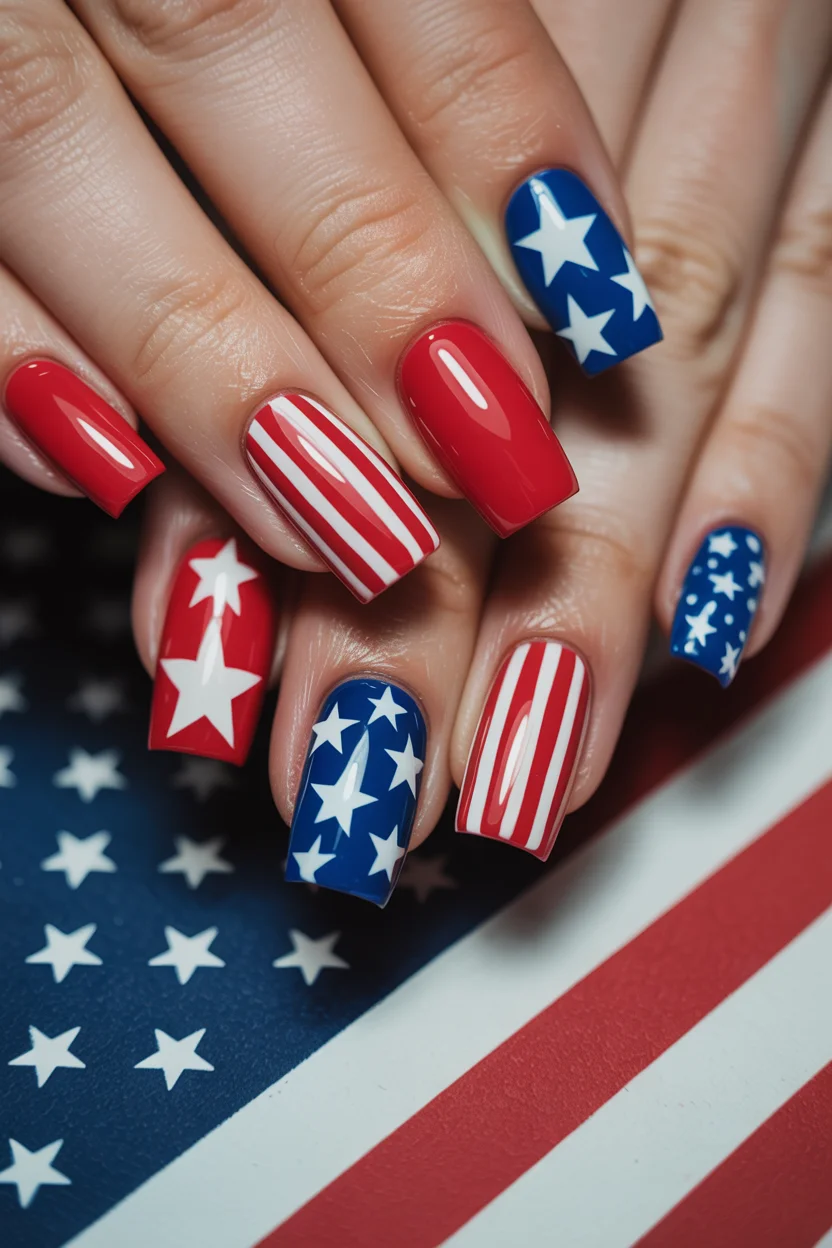 patriotic nails 2026 Classic Americana Nails With Bold Graphic Contrast