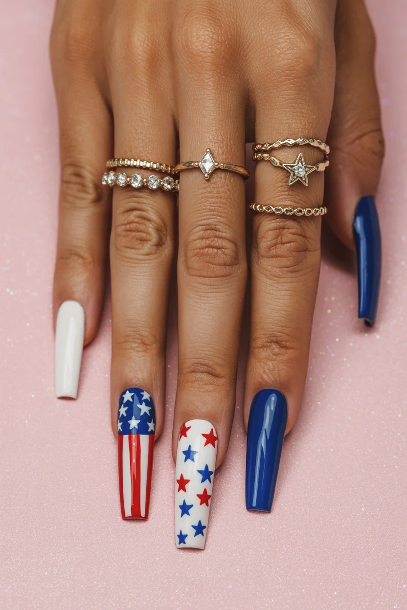 patriotic nails 2026 Long Coffin Nails With Glamorous Americana Energy
