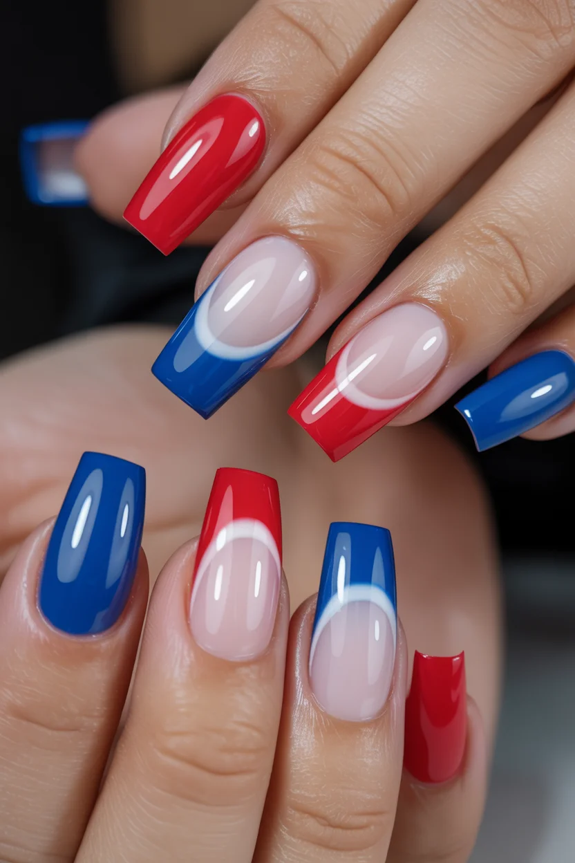patriotic nails 2026 Modern Color Block French Tips With a Retro Twist