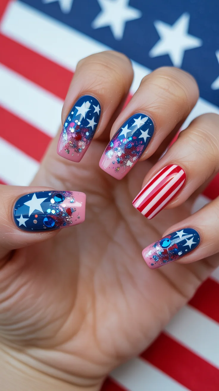 patriotic nails 2026 Glitter-Dipped Americana Nails With Soft Pink Fade