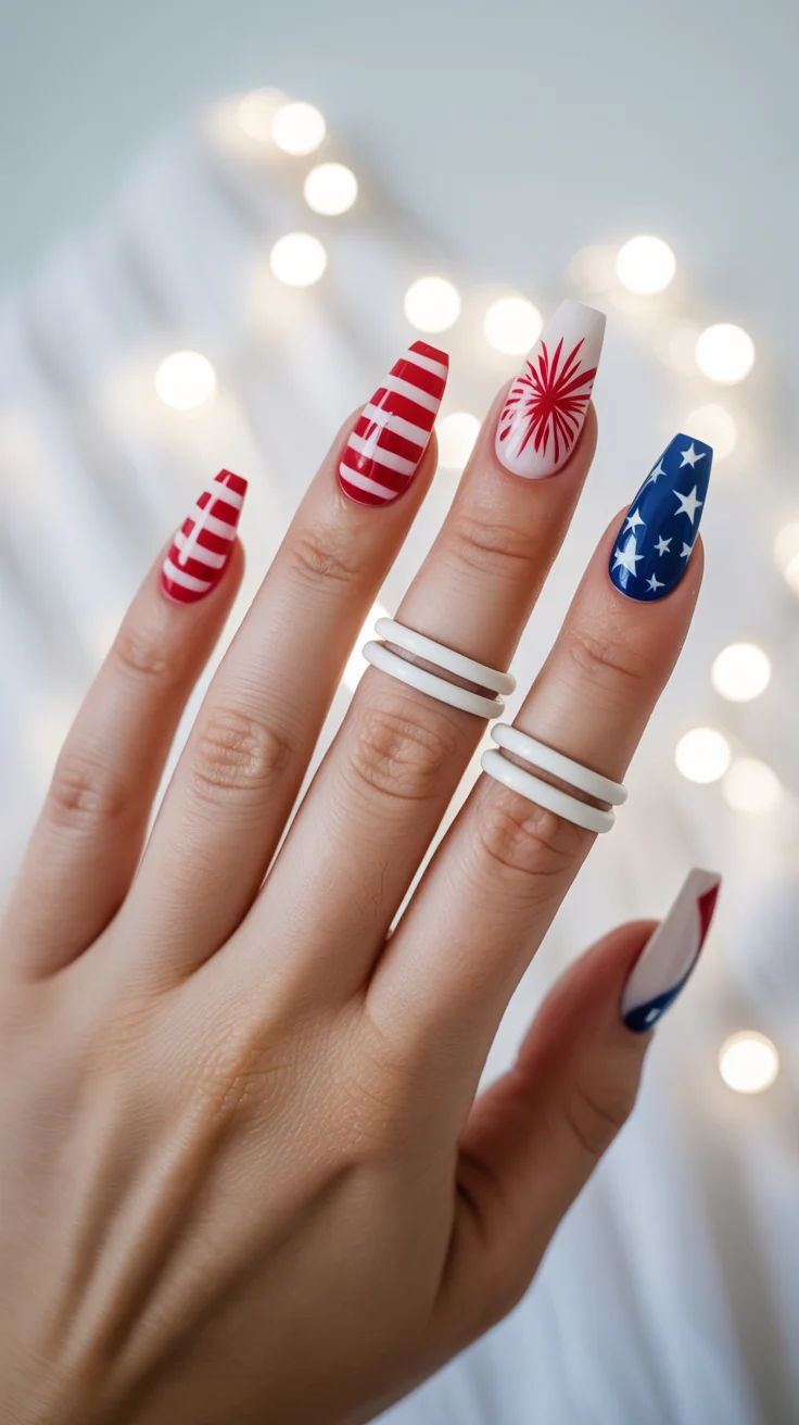 patriotic nails 2026 Firework Burst Nails With Soft White Summer Glow
