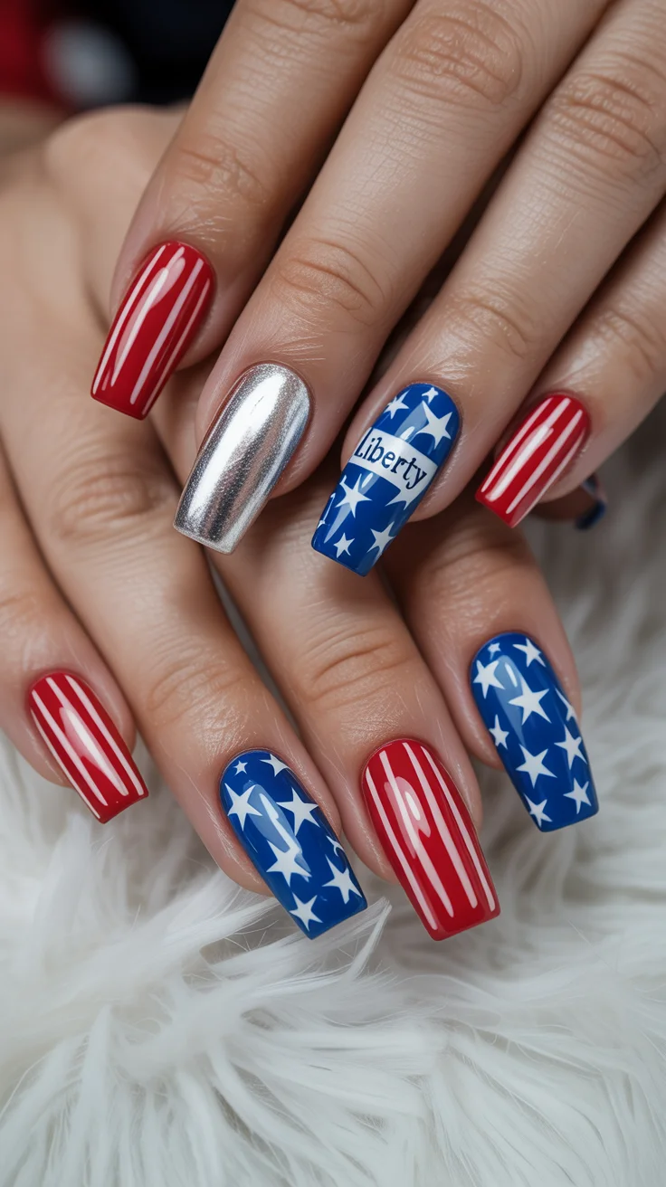 patriotic nails 2026 Chrome Silver Patriotic Nails With Liberty-Inspired Accent