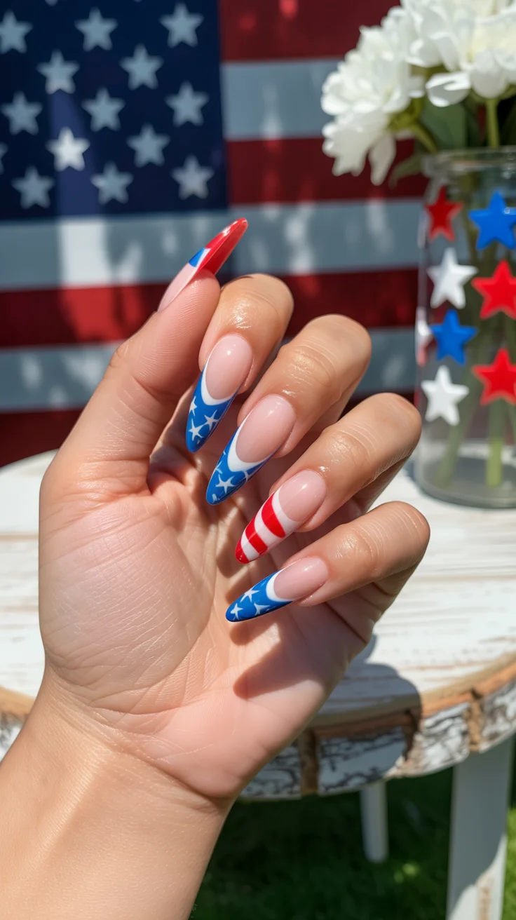 patriotic nails 2026 Elegant Patriotic French Tips With Sharp Stiletto Shape