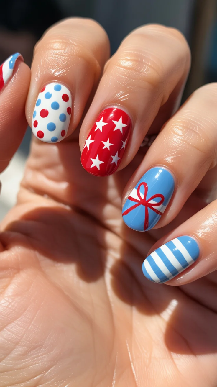 patriotic nails 2026 Playful Polka Dot Americana Nails In Soft Summer Colors