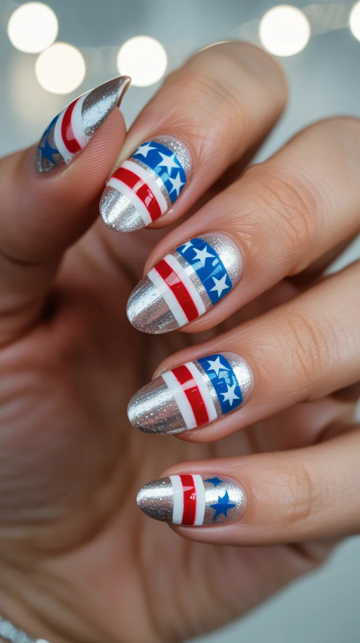 patriotic nails 2026 Silver Chrome Americana Nails With Futuristic Shine