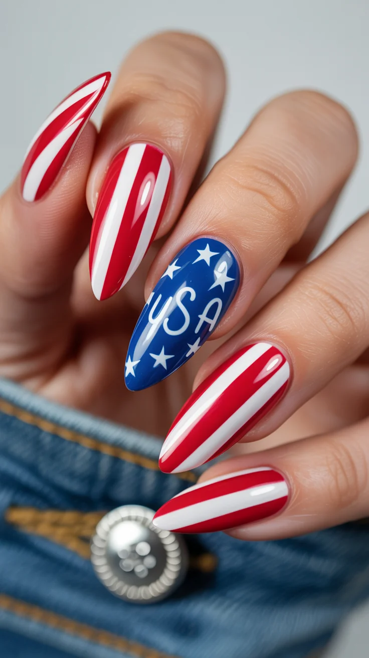 patriotic nails 2026 Sharp Stiletto USA Nails With Graphic Stripe Detailing