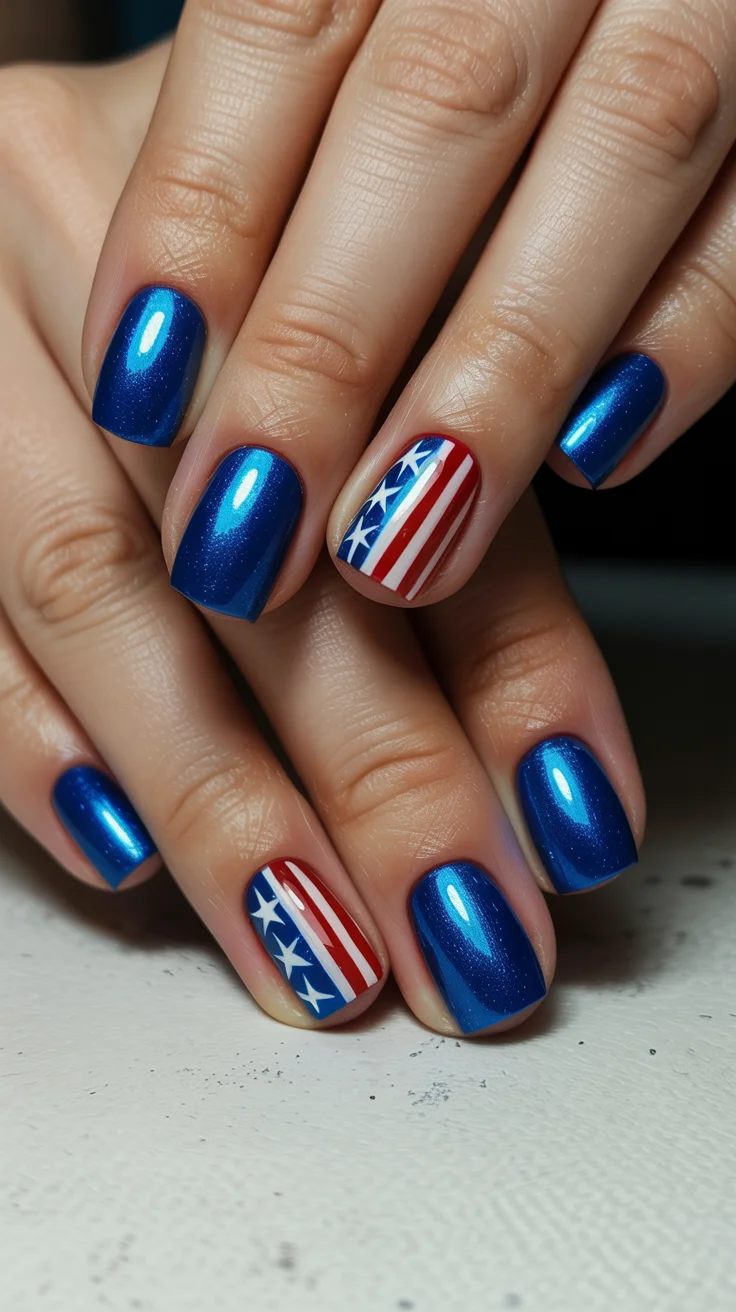patriotic nails 2026 Metallic Blue Patriotic Nails With Minimal Flag Accent
