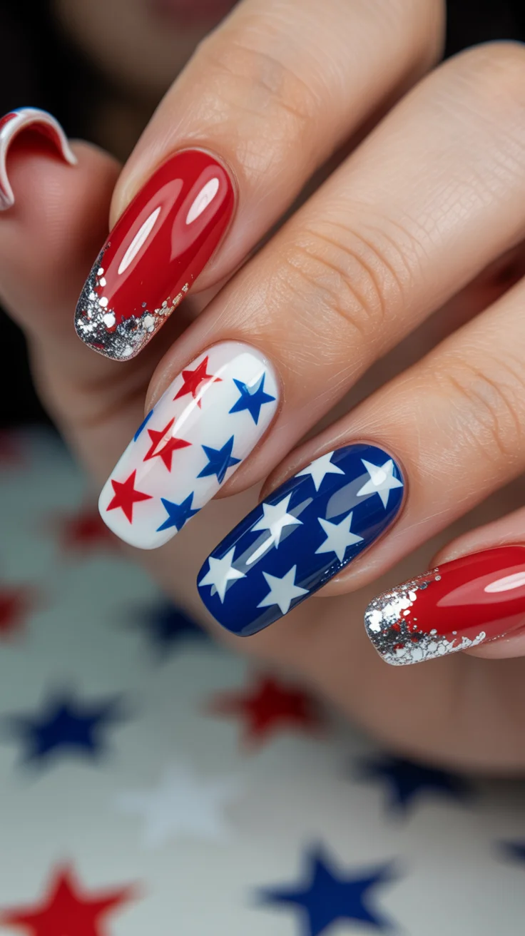 patriotic nails 2026 Classic Star-Spangled Nails With Silver Glitter Tips