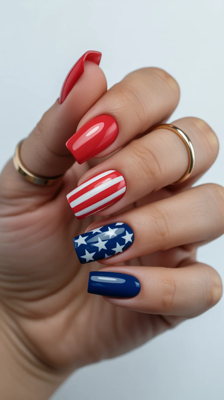 patriotic nails 2026 Classic Glossy Americana Nails With Bold Color Blocking