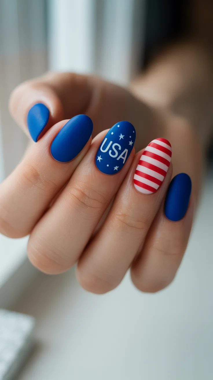 patriotic nails 2026 Minimal Matte Blue Nails With Sporty Americana Accent