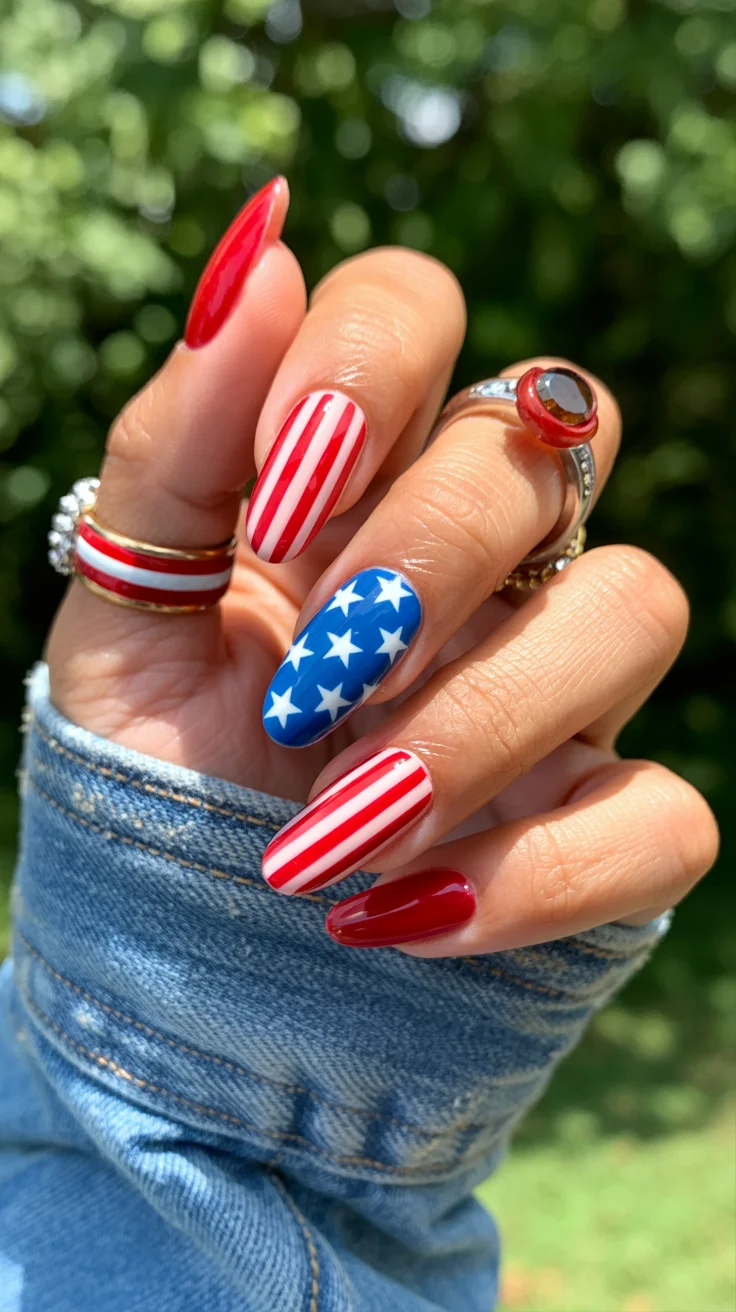 patriotic nails 2026 Glossy Red And Stripe Almond Nails With Vintage Americana Energy