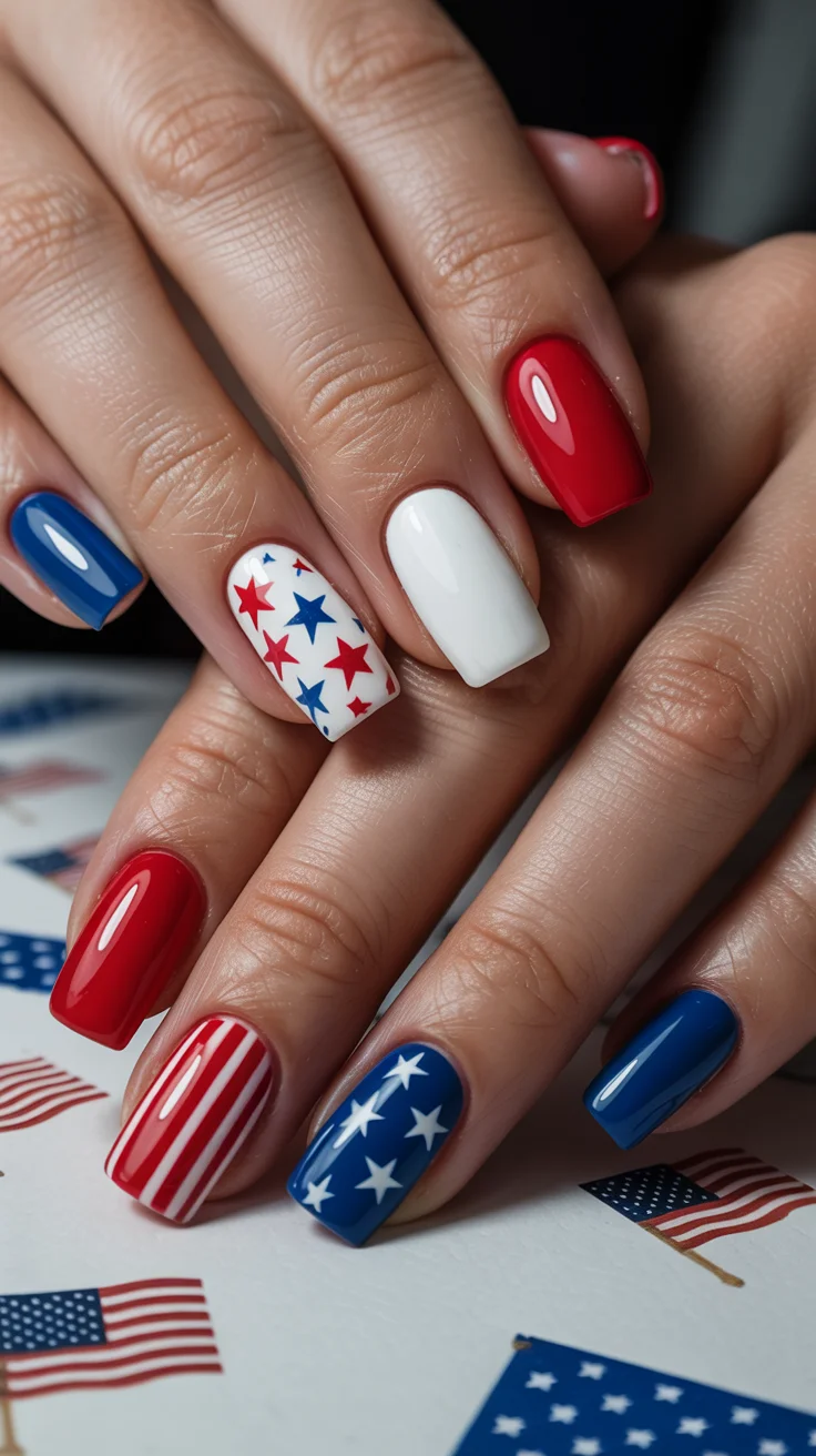 patriotic nails 2026 Classic Americana Block Nails With Stars And Stripes