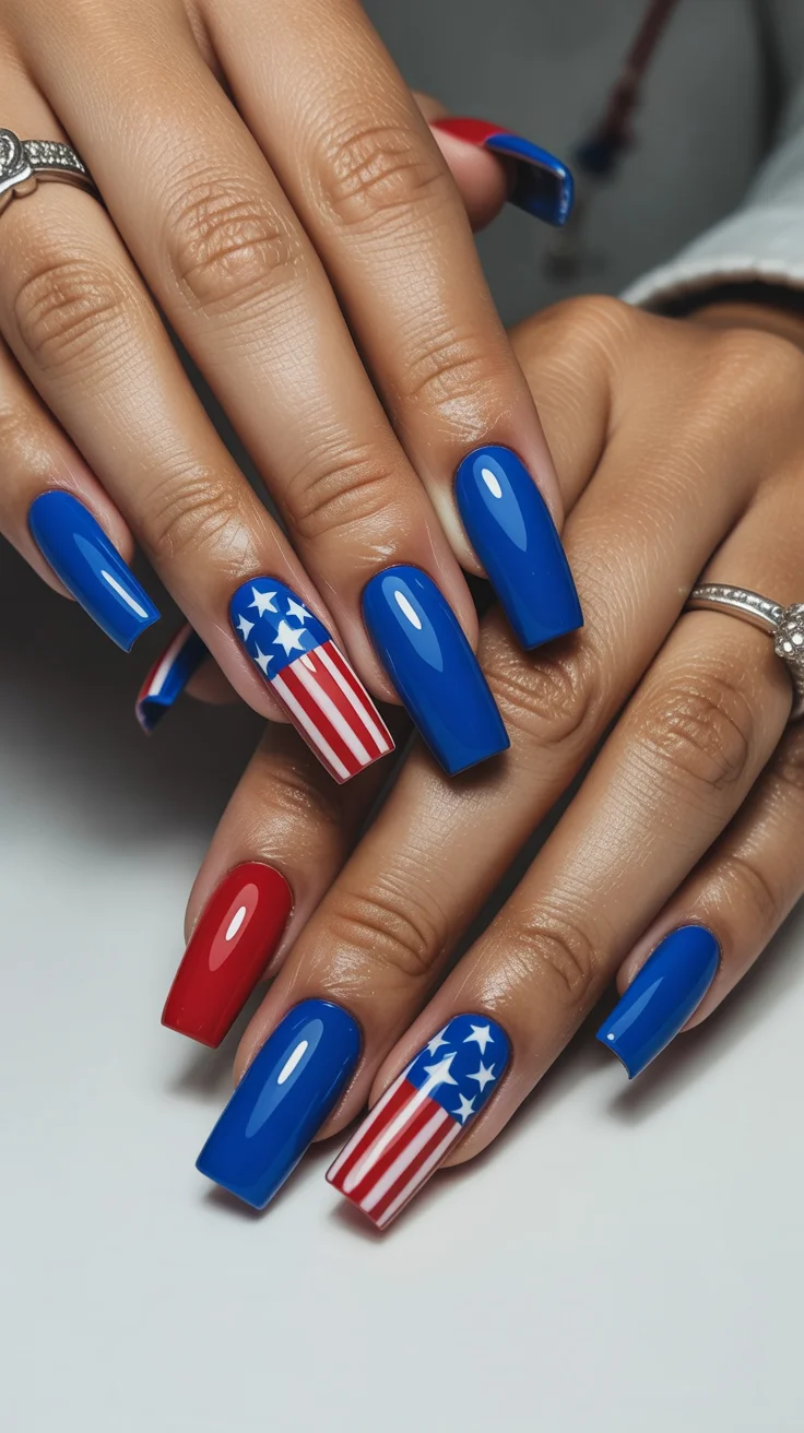 patriotic nails 2026 Royal Blue Coffin Nails With Statement Flag Accents