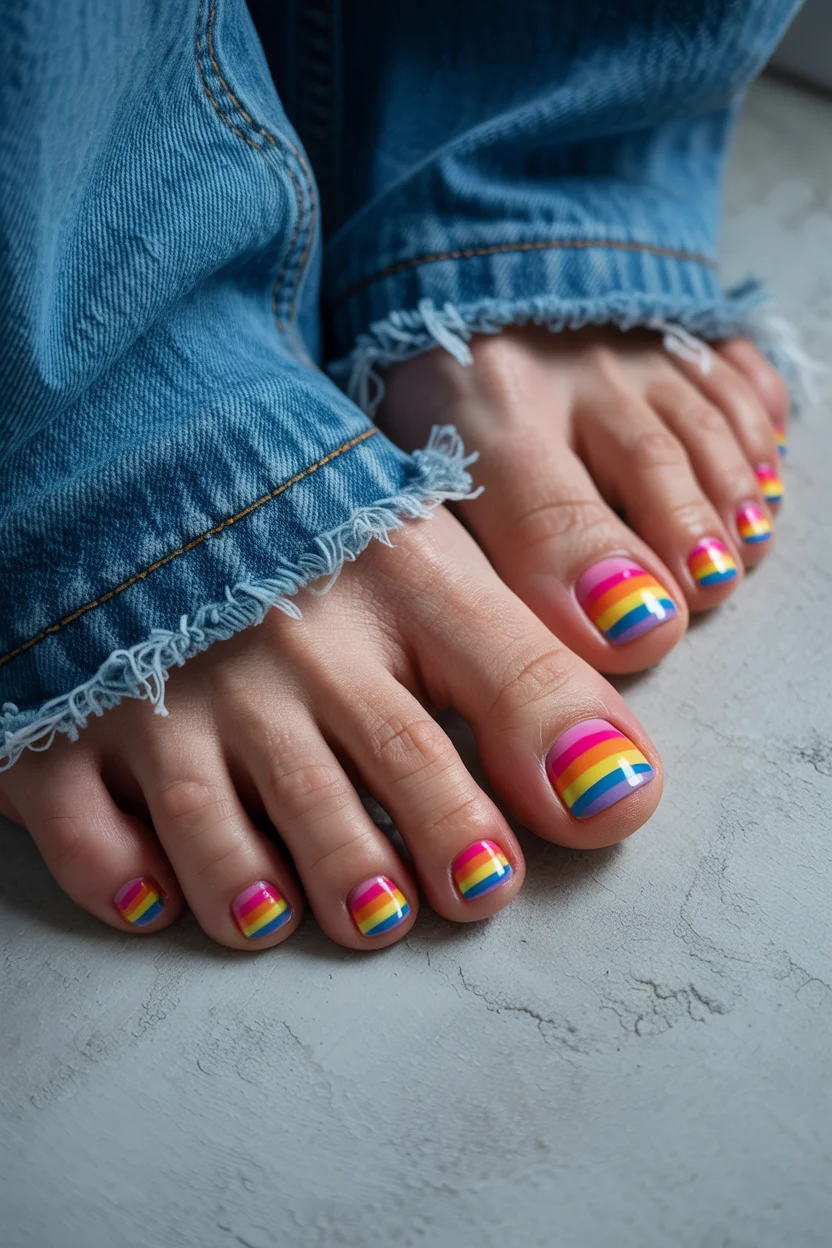 pedicure ideas summer trends 2026 Rainbow Stripe Pedicures Are Bringing Back Pure Joy This Season