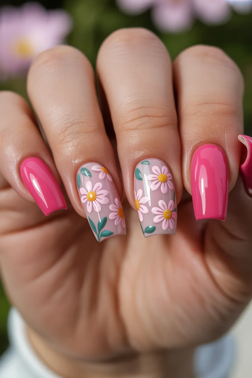 pink summer nails 2026 Pink Daisy Nails That Feel Like Peak July Energy