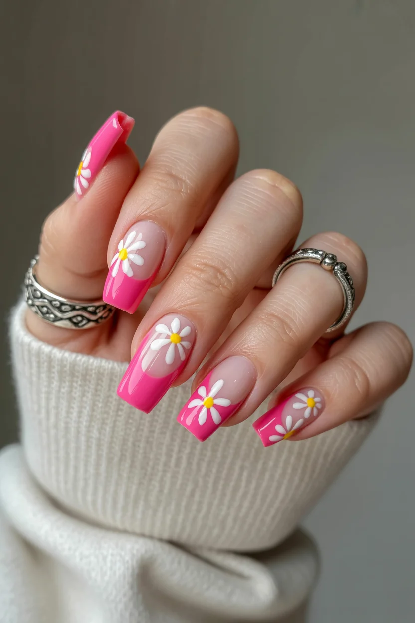 pink summer nails 2026 Hot Pink Daisy French Tips With a Retro Summer Feel