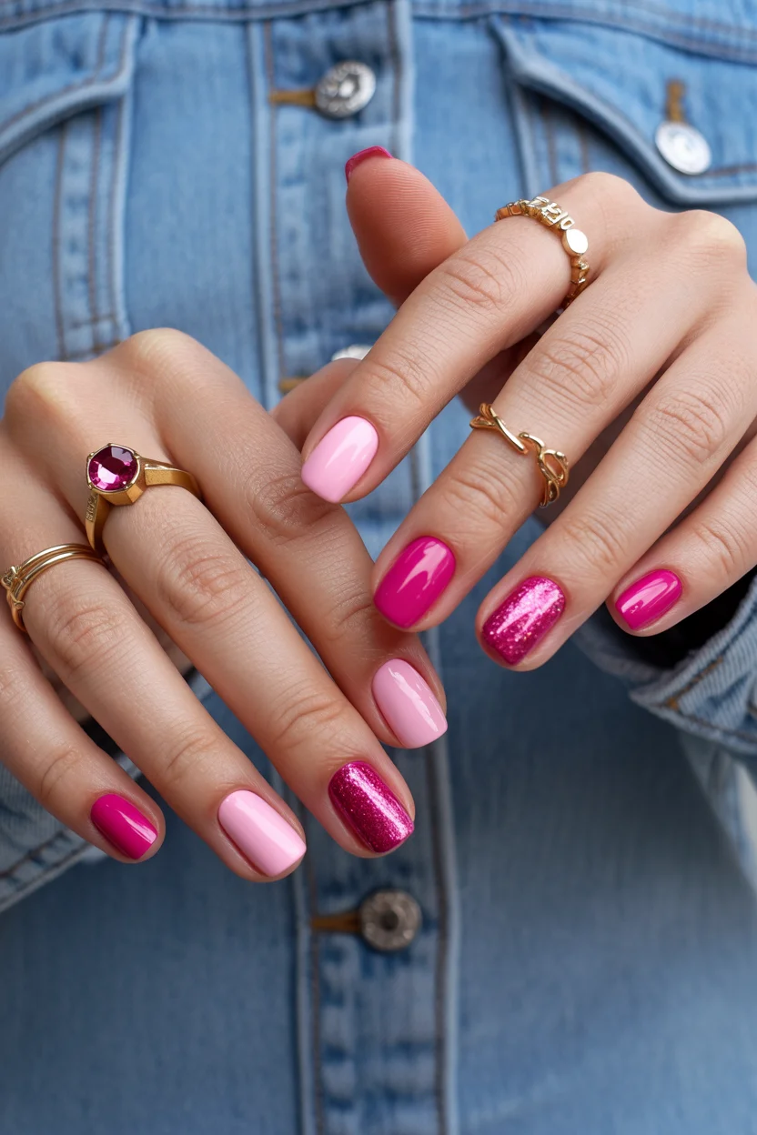 pink summer nails 2026 Glossy Pink Mix-and-Match Nails With a Hint of Glitter