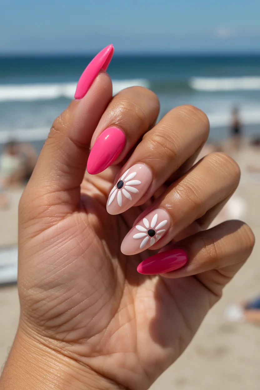 pink summer nails 2026 Beachy Pink Daisy Nails That Practically Scream Summer Vacation