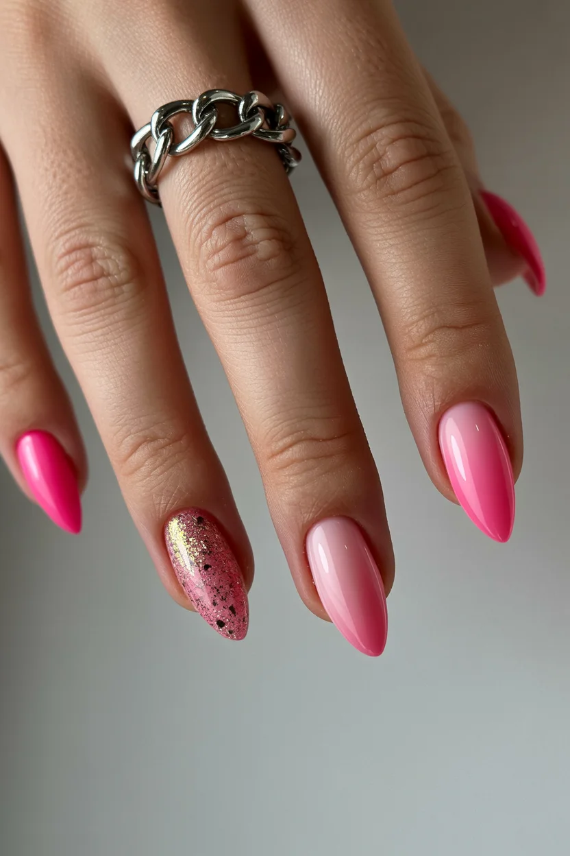 pink summer nails 2026 Glossy Pink Almond Nails With Soft Glitter Accents