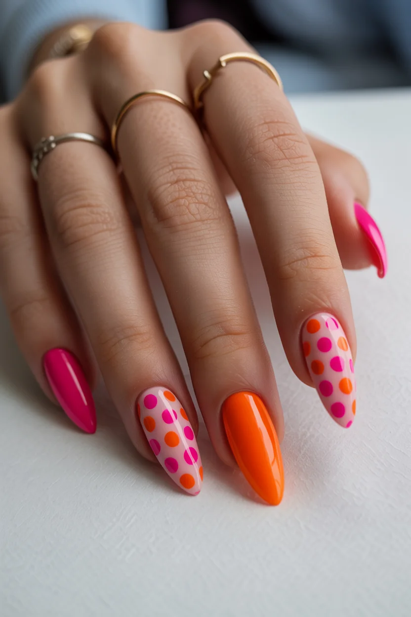 pink summer nails 2026 Pink and Orange Polka Dot Nails for the Bold Summer Girls