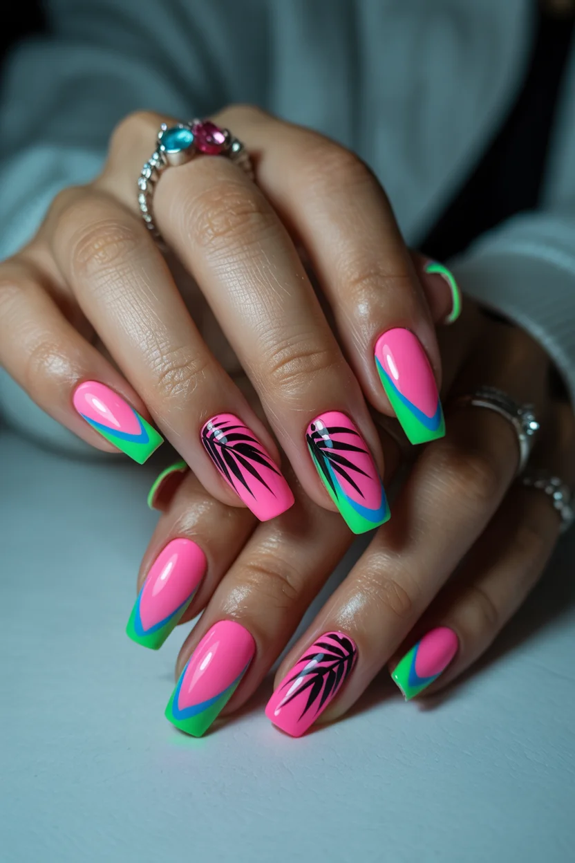 pink summer nails 2026 Neon Tropical Pink Nails With Graphic Palm Details