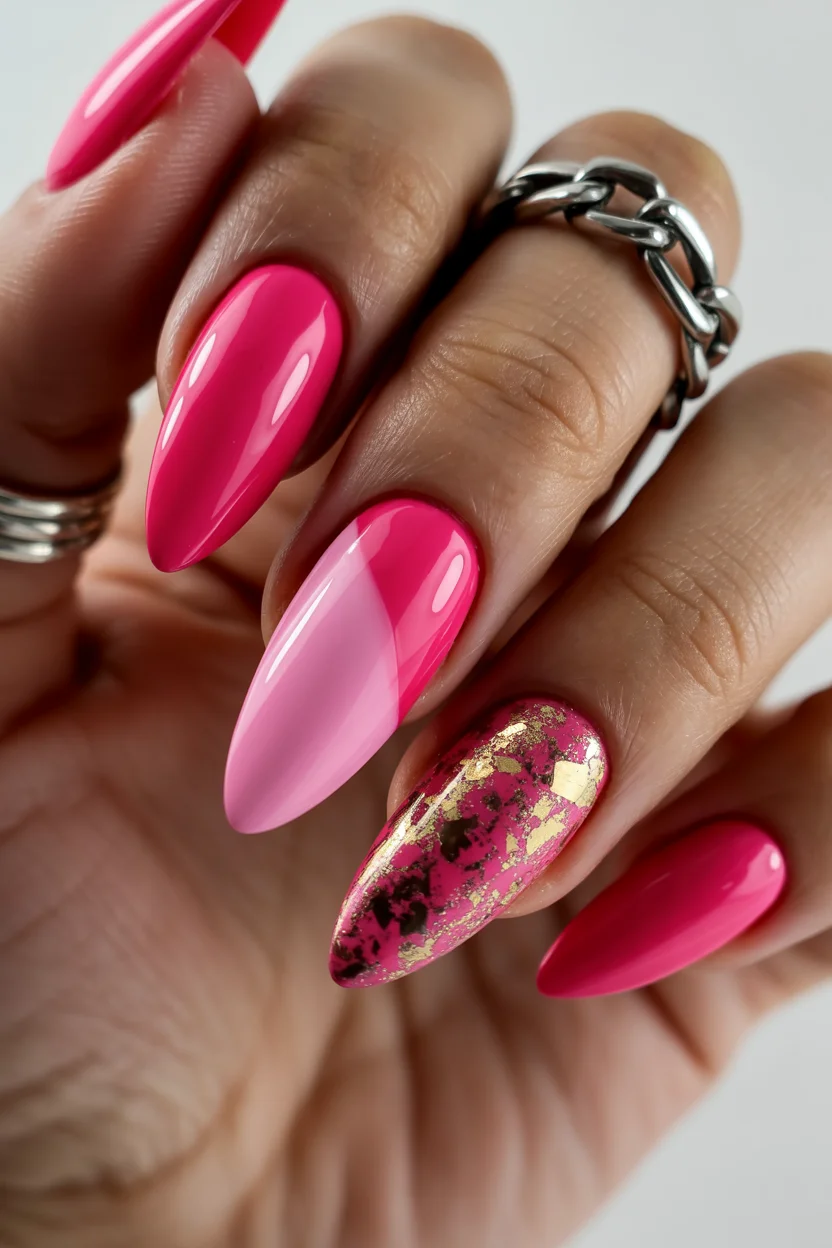 pink summer nails 2026 Glossy Pink Almond Nails With Gold Foil Drama