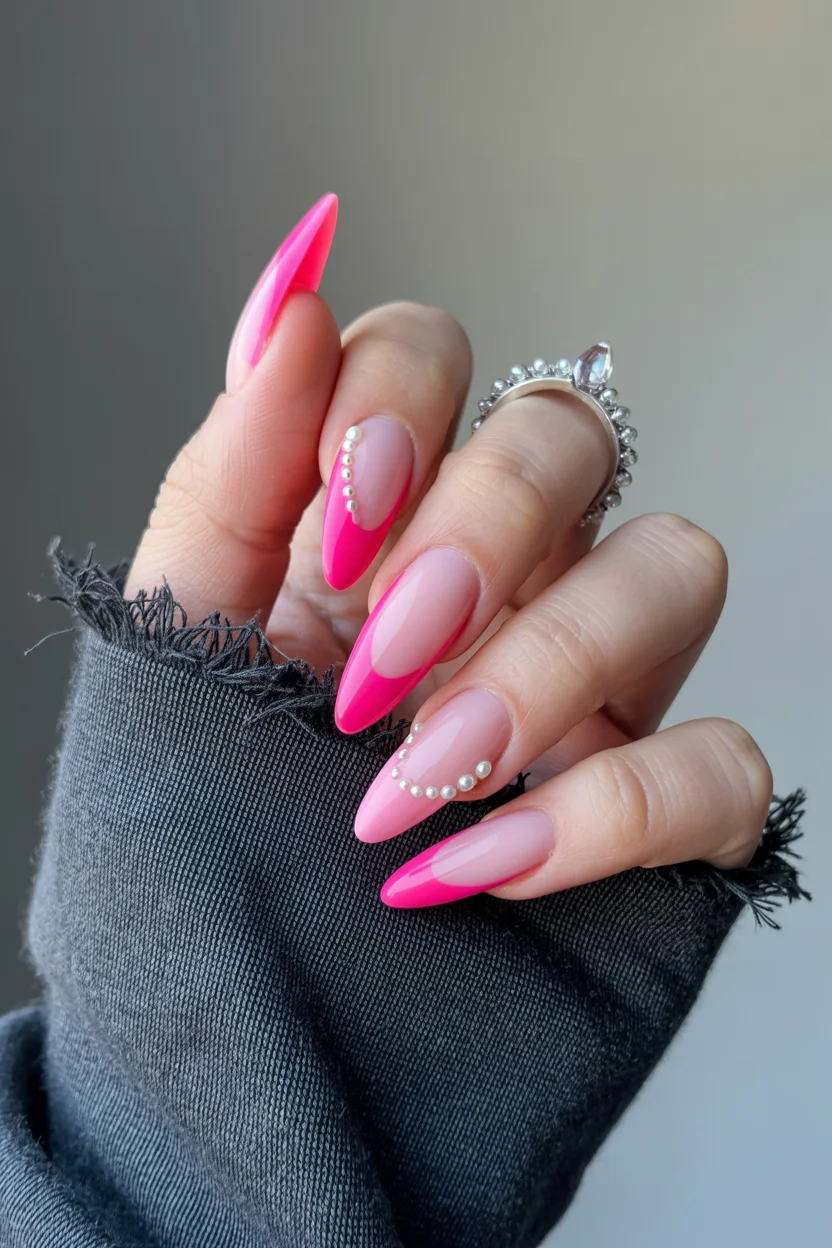 pink summer nails 2026 Pearl-Detail Pink French Tips That Feel Quietly Luxurious