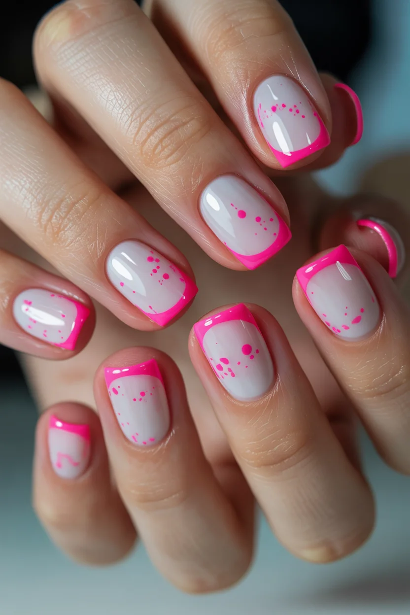 pink summer nails 2026 Neon Pink Splatter French Nails for a Playful Summer Mood
