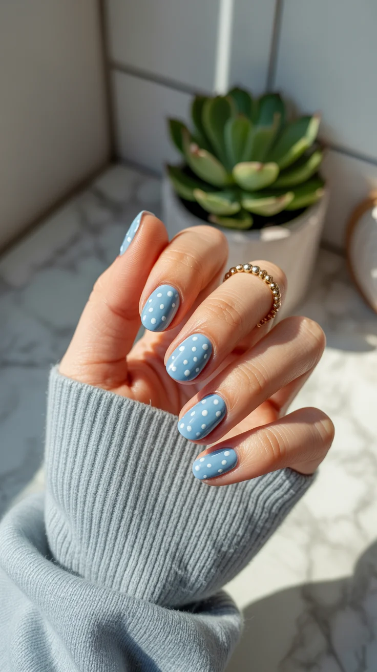 polka dot summer nails 2026 Powder Blue Polka Dots With a Soft Coastal Feel