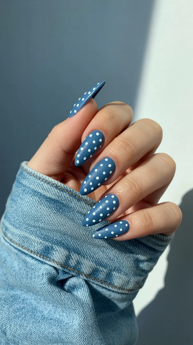 polka dot summer nails 2026 Dusty Denim Blue Dots With a Cool-Girl Minimalist Finish