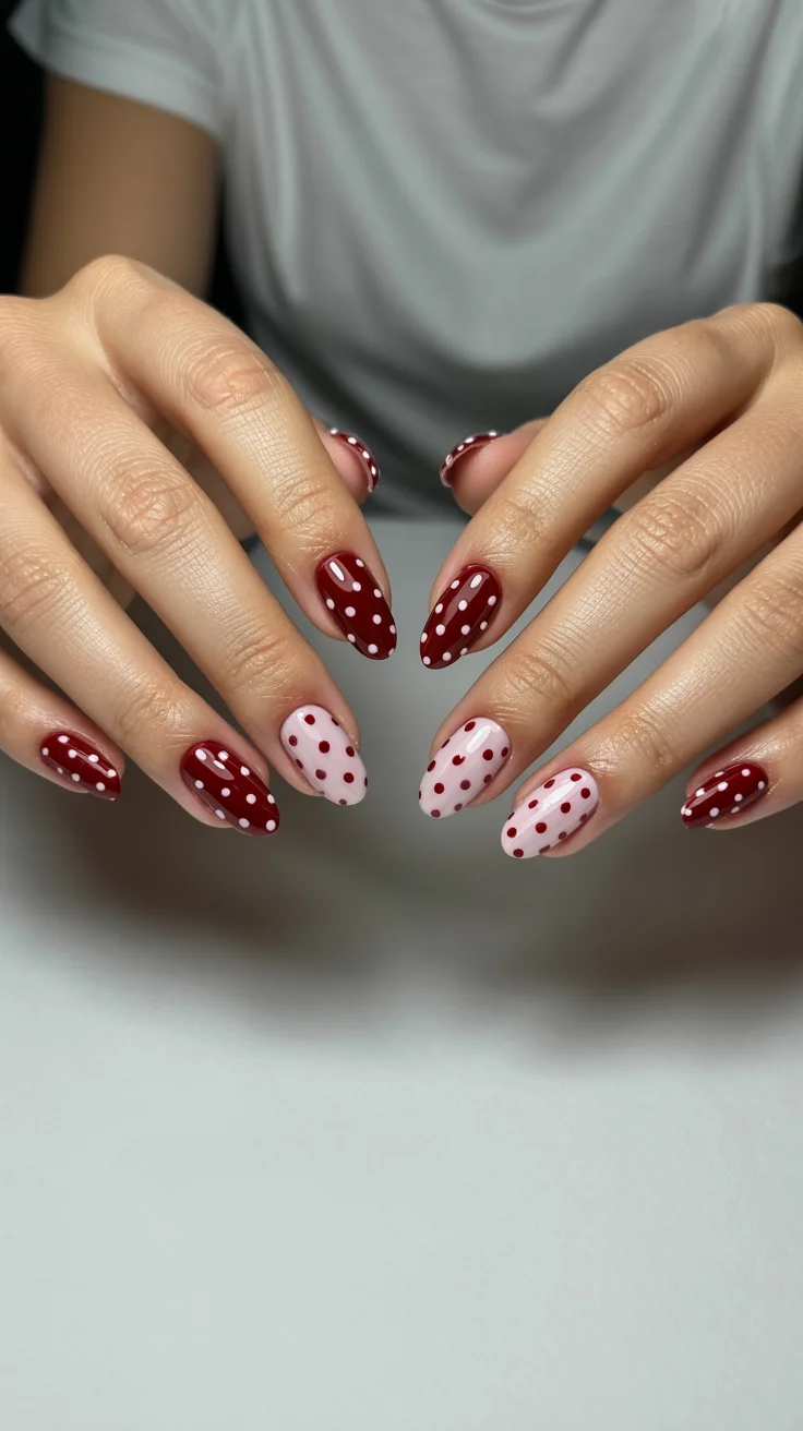 polka dot summer nails 2026 Cherry Cola Red Dots for Late Summer Evenings