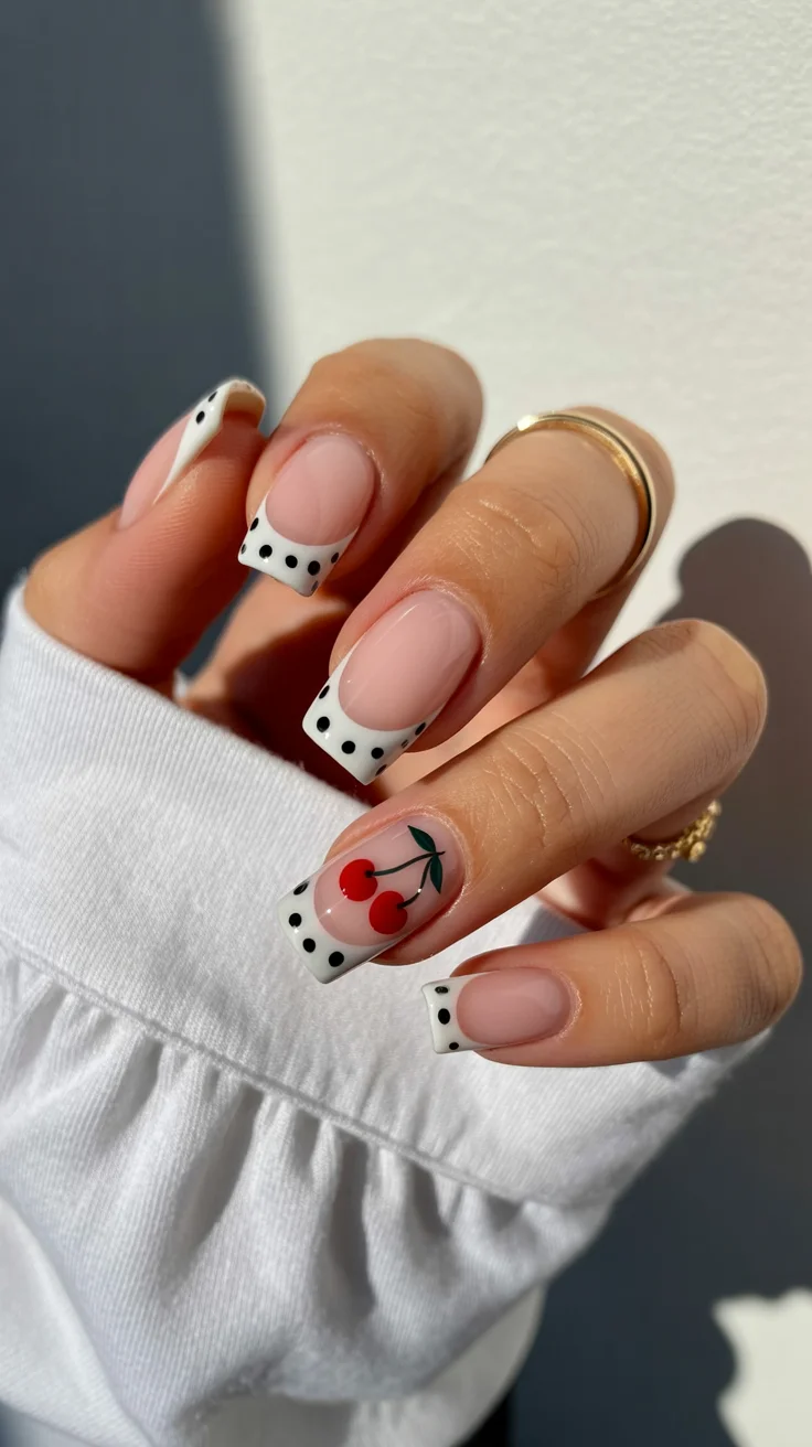 polka dot summer nails 2026 Minimal French Tips With Tiny Dots and Cherry Accents