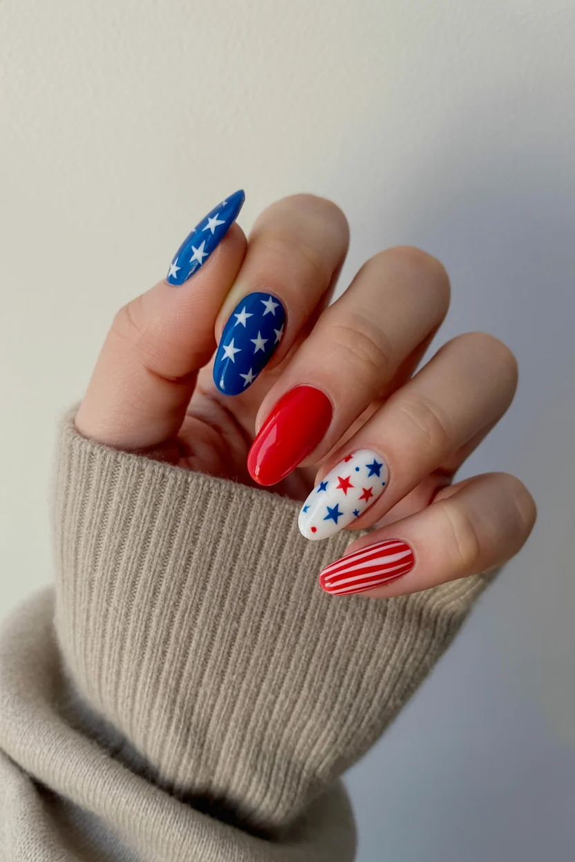 red white and blue nails 2026 Star-Spangled Almond Nails With a Glossy Finish